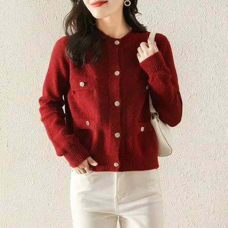 短款针织衫女开衫小个子外搭秋冬季新款洋气毛衣外套红色上衣外穿图片
