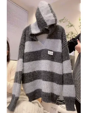 慵懒风条纹连帽毛衣女秋冬新款休闲宽松外穿加厚套头针织衫上衣洋图片