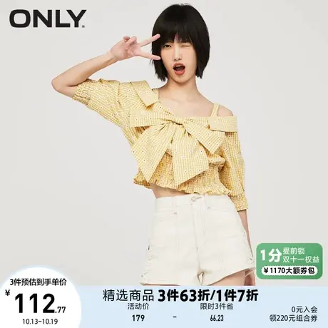 ONLY奥莱夏季一字肩蝴蝶结装饰松紧收腰雪纺衫女商品大图