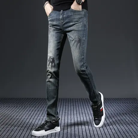 怀旧蓝色牛仔裤男款2023新款修身小脚弹力休闲男士牛仔长裤秋冬款商品大图