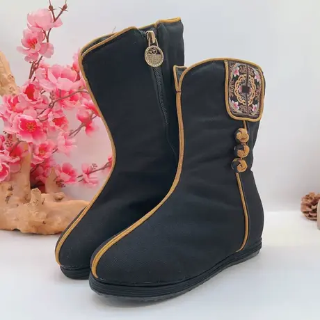 【素兮】中国风千层底棉靴侧拉链内增高加厚法兰绒棉靴商品大图