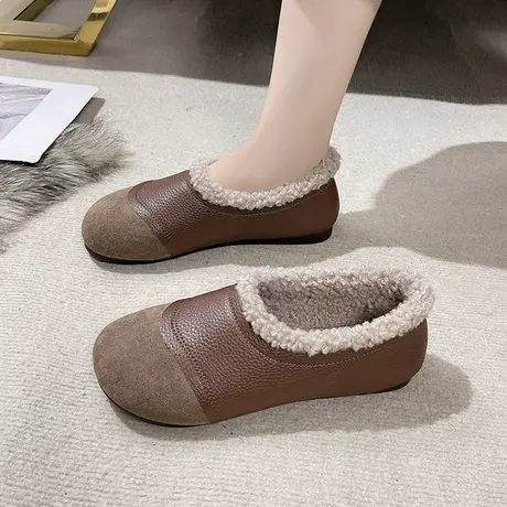 2023冬季新款复古加绒平底一脚蹬保暖豆豆鞋女时尚磨砂羊羔毛棉鞋商品大图