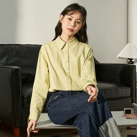 唐狮衬衫女上衣春秋法式洋气长袖衬衣独特别致上衣褶皱工艺衬衫商品大图