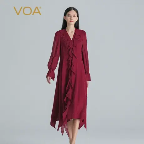 VOA枣泥红暗纹提花桑蚕丝拼接乔其丝绸喇叭长袖桃心领真丝连衣裙图片