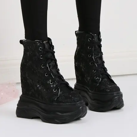 14cm内增高老爹鞋2023新款蕾丝真皮高帮马丁靴女超高跟厚底松糕鞋商品大图