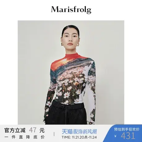 玛丝菲尔打底衫春季新款半高领油画弹力长袖内搭外穿商品大图