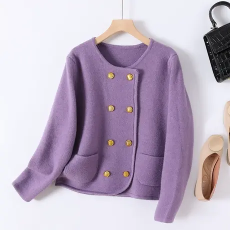 2023春季新款韩版宽松小香风纯色圆领双排扣针织衫毛衣外套女上衣商品大图