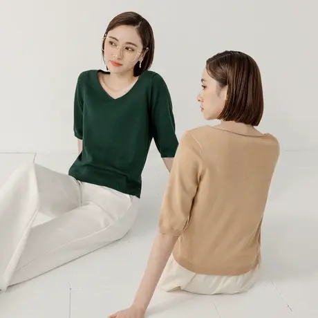 桔熊春秋季通勤简约针织衫五分袖纯色修身上衣女胖妹妹大码FA2716商品大图