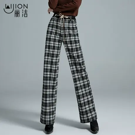 丽洁宽松阔腿裤女2023新款秋冬加厚格子裤高腰毛呢裤女裤直筒长裤商品大图
