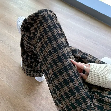 毛呢阔腿裤女秋冬2023年高腰垂感宽松休闲裤子咖色格子拖地直筒裤图片