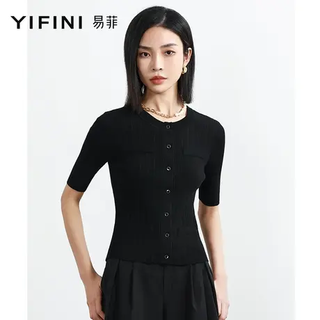 Yifini/易菲黑色修身圆领短袖针织衫女夏季新款薄款开衫外套商品大图
