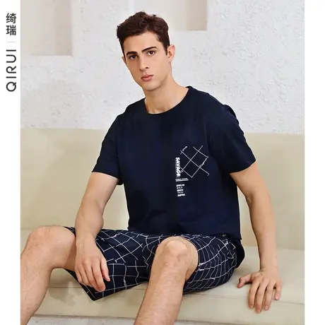 绮瑞睡衣夏季男款纯棉短袖休闲套装男青年夏天时尚格子大码家居服商品大图