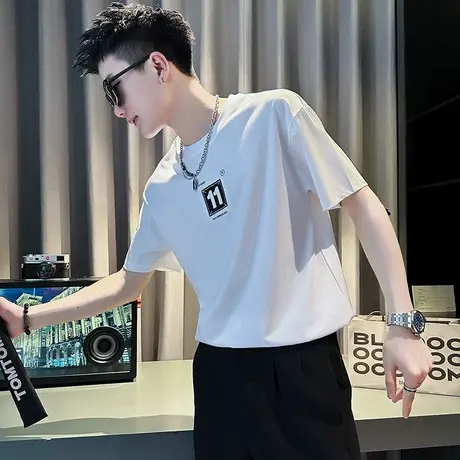 白色内搭男高级感夏季刺绣短袖潮牌潮流小众设计感圆领半截袖T恤商品大图