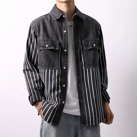 男装条纹牛仔衬衫男2022年春季新款潮流休闲长袖衬衣大码复古男装商品大图