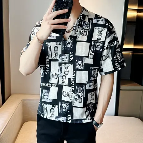 潮牌夏装V领短袖t恤男翻领POLO衫ins痞帅个性宽松半袖冰丝花上衣商品大图