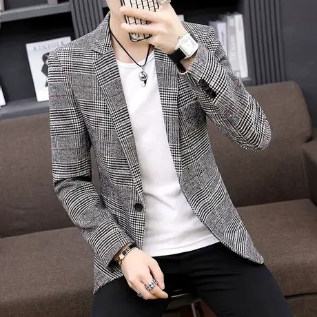 男士休闲西装潮流春秋季韩版修身单件上衣外套格子英伦男装小西服商品大图