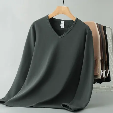 长袖t恤男装潮流V领上衣服秋冬季保暖小衫加绒加厚内搭打底衫秋衣商品大图