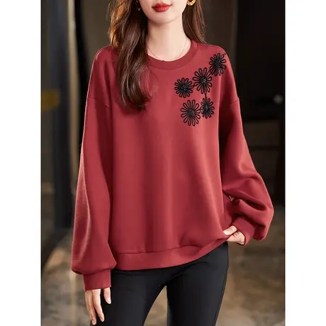 宝诗黎圆领刺绣钉珠宽松卫衣女百搭落肩长袖T恤秋冬上衣2023新款商品大图