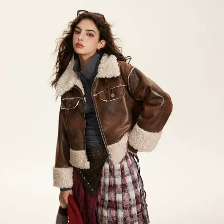 复古拼接加厚冬季外套美拉德2023新款羊羔毛棉服女设计感PU皮棉衣商品大图