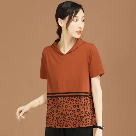 韩潮袭人条纹连帽短袖T恤2024年新款夏季印花宽松休闲上衣女薄款图片