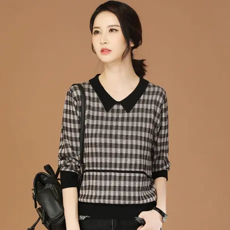 韩潮袭人娃娃领格纹针织衫女2024春季新款宽松休闲毛衣打底衫上衣图片