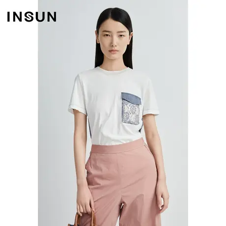 恩裳夏季撞色圆领流苏绣花纯棉T恤商品大图