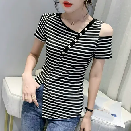 不规则开叉T恤女短袖夏装性感露肩上衣洋气显瘦条纹体恤半袖ins潮商品大图