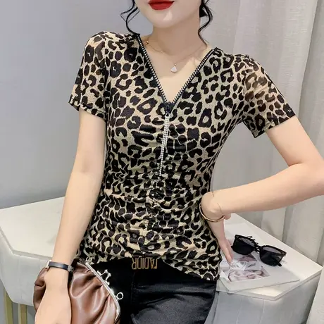 欧货时尚豹纹T恤女短袖2024夏季新款性感显瘦V领拉链上衣洋气小衫商品大图
