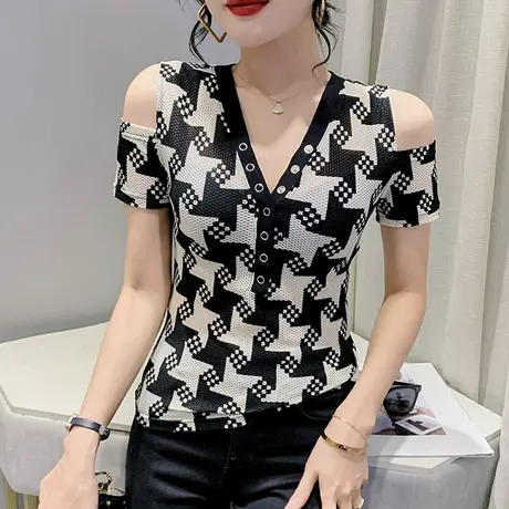 性感V领网纱短袖T恤女2024夏装新款时尚印花小衫洋气心机露肩上衣商品大图