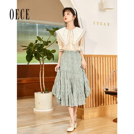 Oece复古半身裙夏季新款女装清新文艺裙子高腰百搭碎花中长裙图片