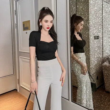 时尚百搭紧身复古方领低胸上衣女2023夏季气质显瘦漏锁骨短袖t恤图片