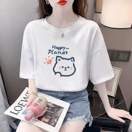 白色纯棉短袖t恤女夏季2023年新款韩版大码宽松印花半袖上衣ins潮商品大图