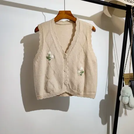 花朵刺绣针织背心马甲开衫女春秋新款v领叠穿无袖毛衣坎肩学院风商品大图