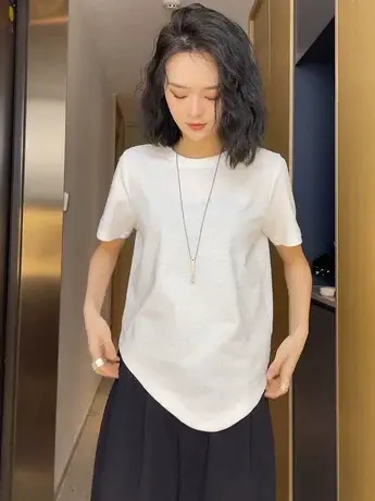 2023夏季新款小众极简设计感不规则短袖上衣女纯色圆领T恤ins潮款商品大图