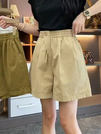 简约纯色松紧高腰休闲裤女2023夏季百搭宽松阔腿直筒短裤显瘦热裤图片