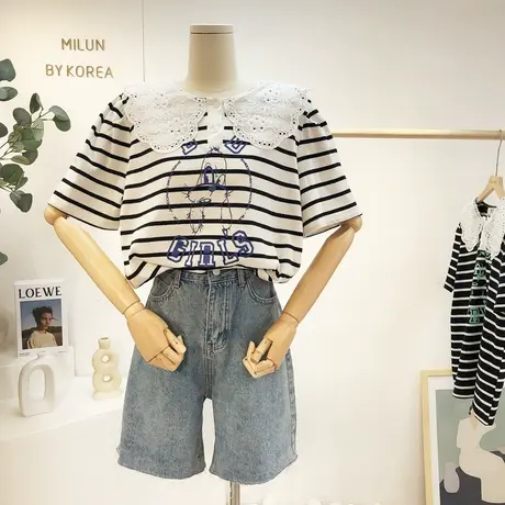 韩国东大门小众设计感T恤2021夏季新款ins蕾丝娃娃领海军条纹短袖商品大图