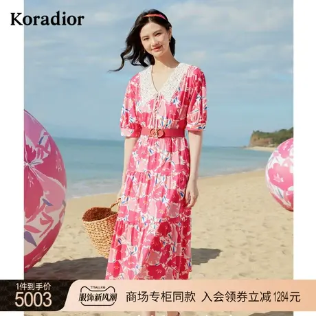 珂莱蒂尔商场同款2023年新款法式复古休闲茶歇裙子女蕾丝领连衣裙图片