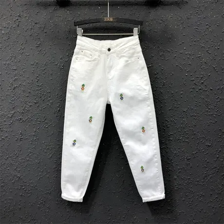 欧货刺绣老爹裤潮2023春季新款港味宽松休闲高腰白色牛仔哈伦裤女图片