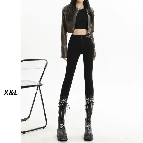 黑色小脚牛仔裤女春秋2023新款加绒高腰修身小个子九分紧身铅笔裤图片