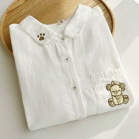 春秋季日系文艺小清新双层纱纯棉舒适白色衬衫女学生宽松打底上衣图片