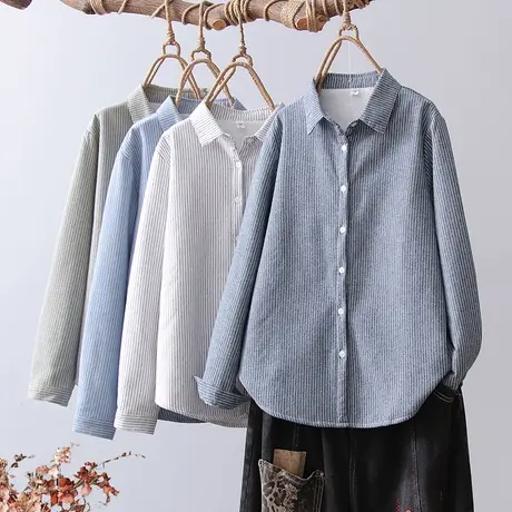 衬衫女2023年秋季新款尖领条纹上衣外套长袖韩版休闲宽松百搭衬衣图片