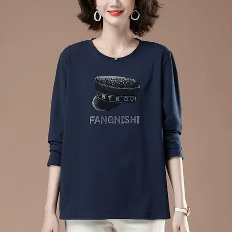 妈妈秋装长袖t恤女加肥加大码女装宽松遮肚子休闲烫钻上衣打底衫商品大图