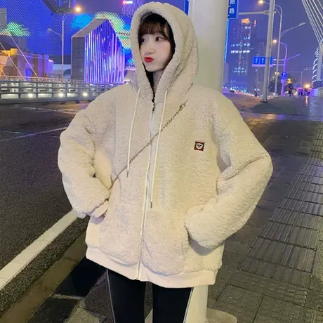 羊羔毛卫衣女2023新款秋冬季小个子宽松韩版上衣加绒加厚开衫外套图片