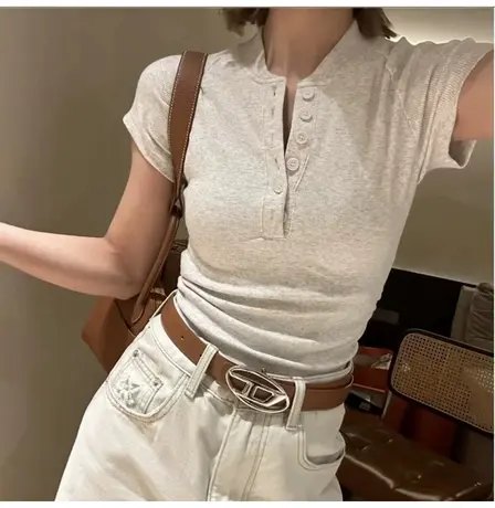 欧货修身显瘦T恤女夏季半扣领休闲百搭上衣弹力螺纹亨利短袖体恤图片