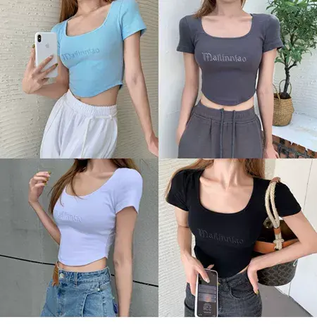 字母刺绣方领低胸短袖T恤女夏性感辣妹短款显瘦露脐弧形下摆上衣图片