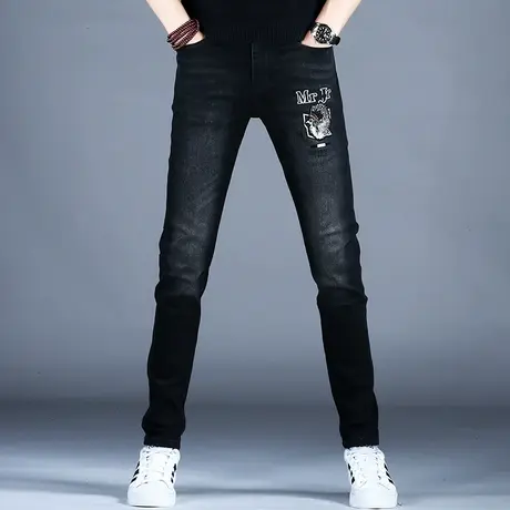 秋冬款时尚高档刺绣牛仔裤男款小脚修身裤子潮流男士2023新款男裤商品大图