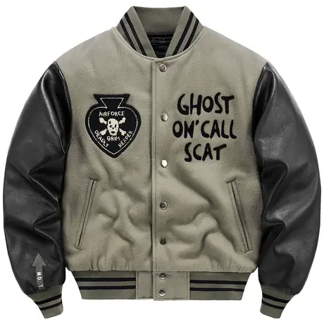 VIP冬季羊毛呢夹棉棒球服男美式复古皮袖拼接棉衣加厚保暖外套潮商品大图