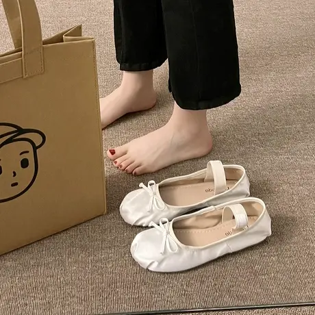 平底圆头缎面粉色芭蕾舞单鞋女鞋子新款2023年爆款春夏仙女晚晚鞋商品大图