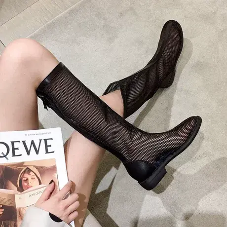 时尚瘦瘦靴镂空凉靴女夏季2023新款网面高筒长靴粗跟靴子欧洲站潮商品大图