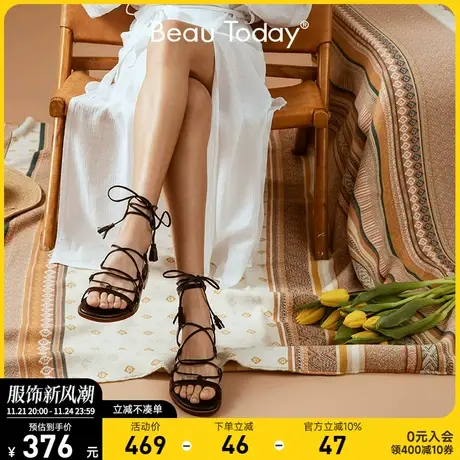 BeauToday夏季绑带罗马凉鞋女鞋真皮软底中粗跟平底系带法式小众商品大图